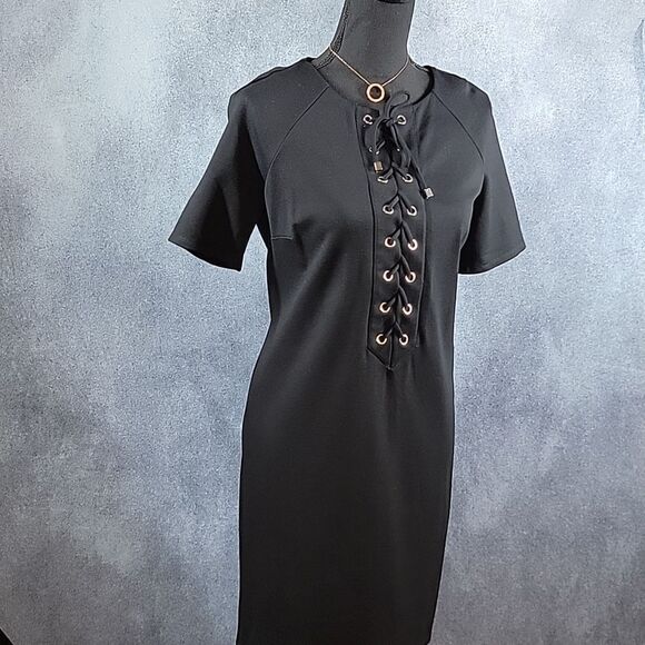 Chicos Black Shortsleeve Soild Lace up Dress - Picture 7 of 15